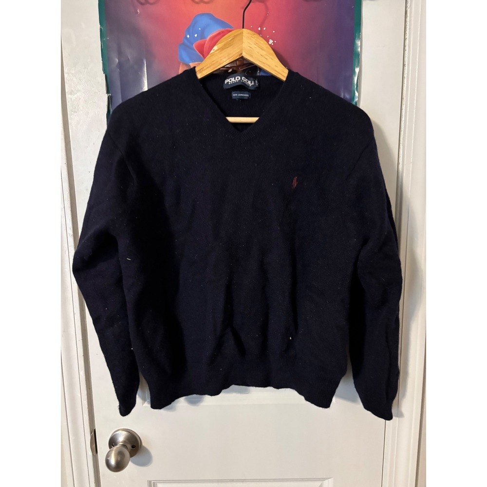 Polo Golf Ralph Lauren Mens Navy Blue 100% Lambswool V-Neck Sweater Size L